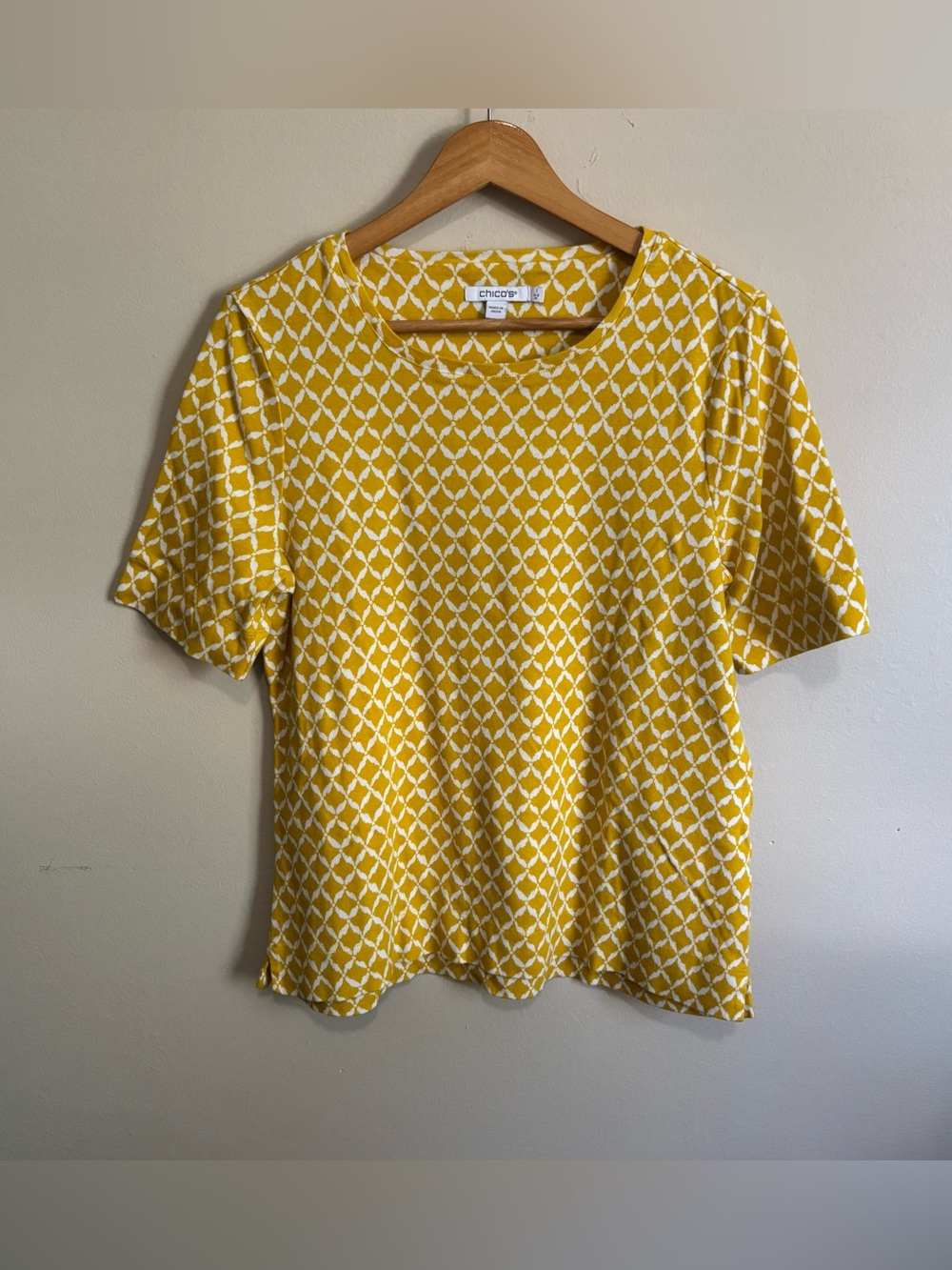 Chico’s Yellow White Geometric Cotton Short Sleeve Blouse Top Size 1X